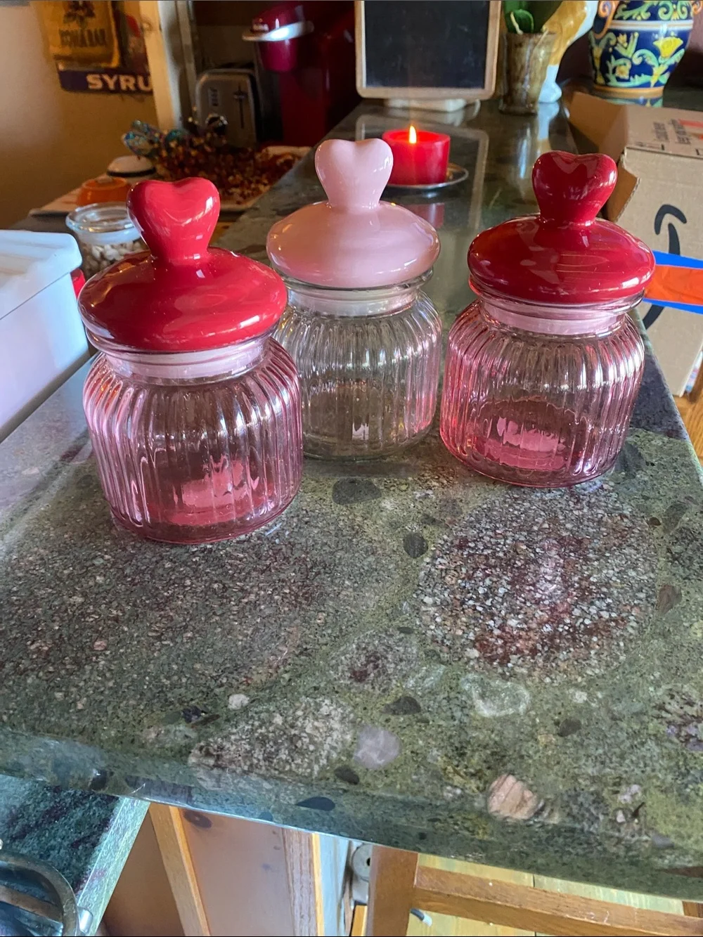 Trio decorative ❤️ribbed glass jars featuring ceramic heart-shaped Top